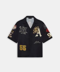 VARSITY PATCH OVERSIZED CAMP SHIRT - Black